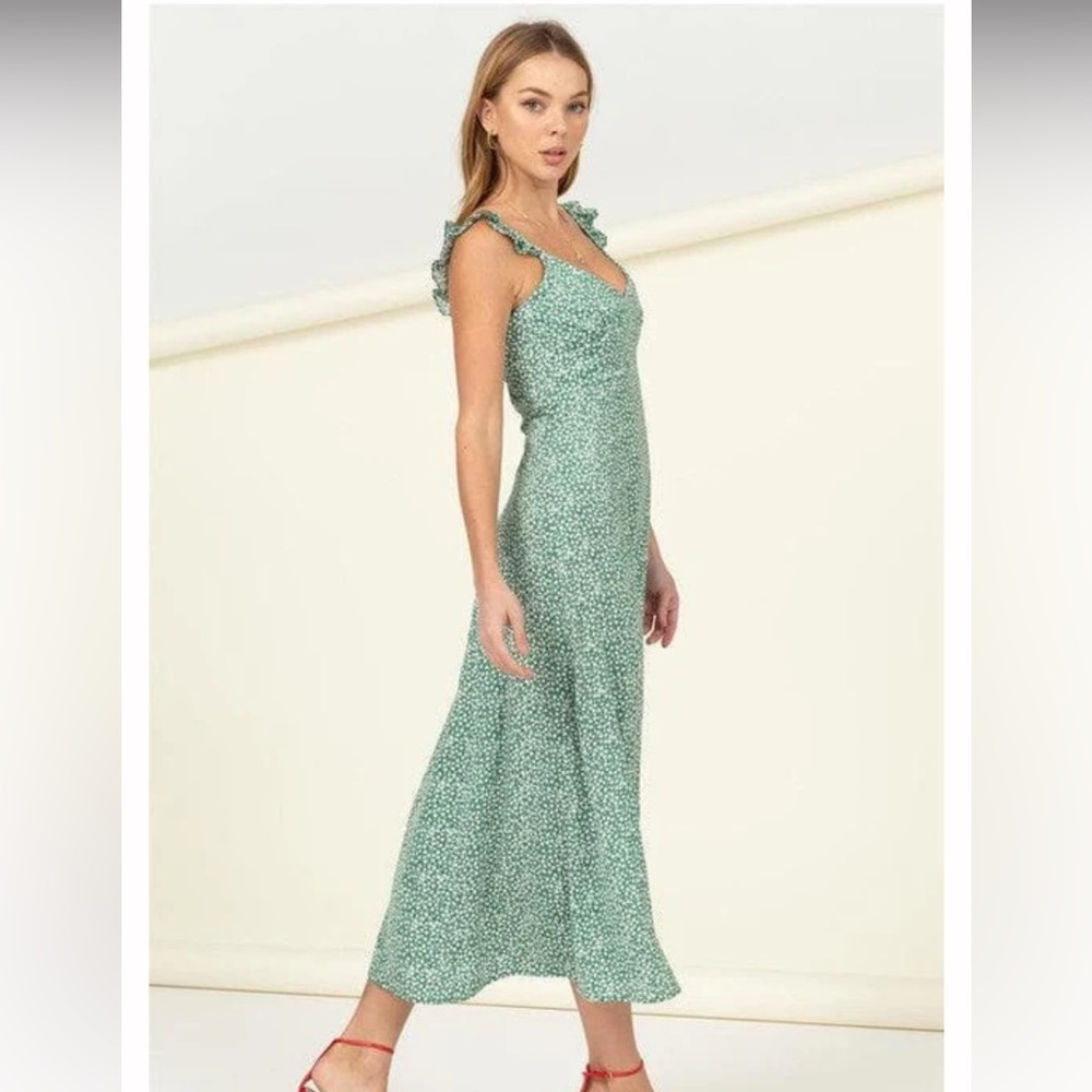 HYFVE Green Midi Floral Dress Side Slit V-Neck Open Cutout Back NWT